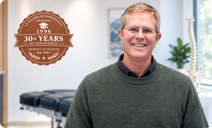 Dr. Ryan Blossey in his Garden Grove office, with a badge noting 30+ years of experience, LA College of Chiropractic graduate 1996 and University of the Pacific BA 1991