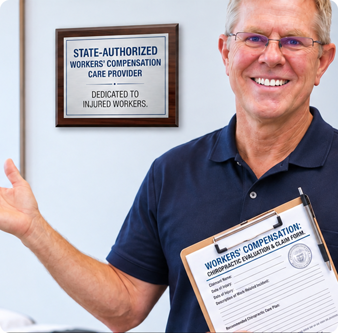 Dr. Blossey holding a workers compensation claim form beside a care provider plaque