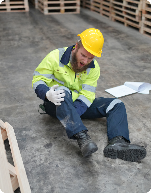 Warehouse worker in a hard hat sitting on the floor holding his injured knee
